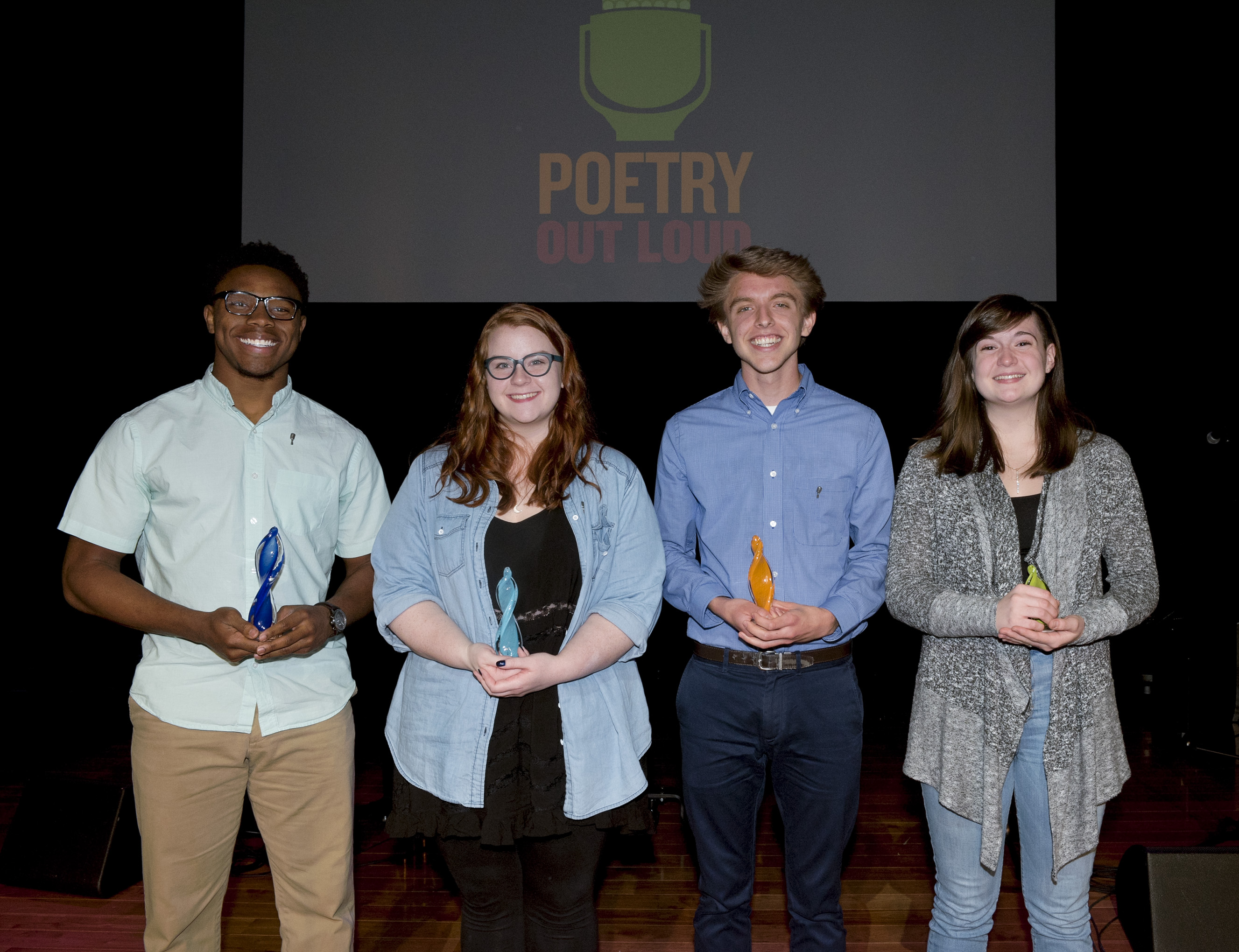 2017 Poetry Out Loud Winners, L to R: Marquavious Moore, state champion; Addisyn Bryant, first runner-up; Brennen Humpreys, second runner-up; Michelle Mellard, third runner-up.